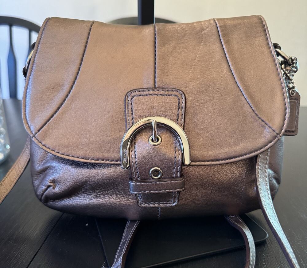 Coach SoHo Flap Crossbody Bag In Bronze Metallic Leather